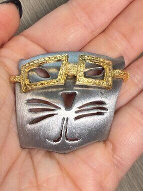 Cat Brooch UltraCraft Vintage With Glasses Upcycled Sassy Silver Tone Kitty Pin